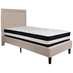 Flash Furniture Roxbury Panel Tufted Upholstered Platform Bed and Pocket Spring Mattress, Twin, 51"H x 44-1/2"W x 81"L, Beige
