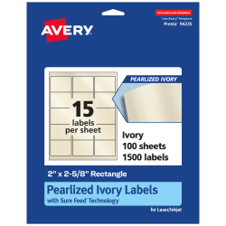 Avery® Pearlized Permanent Labels With Sure Feed®, 94235-PIP100, Rectangle, 2" x 2-5/8", Ivory, Pack Of 1,500 Labels