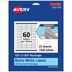 Avery® Print-To-The-Edge TrueBlock® Labels With Sure Feed®, 94204-TWMP25, Rectangle, 1/2" x 1-3/4", Matte White, Pack Of 1500