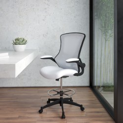 Flash Furniture Mid-Back Mesh Ergonomic Drafting Chair with Adjustable Foot Ring and Flip-Up Arms, White