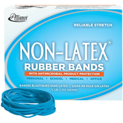 Alliance® Rubber Non-Latex® Rubber Bands with Antimicrobial Protection, Size #33 (3-1/2" x 1/8"), Cyan, Approx. 180 Bands per 1/4 lb. Box