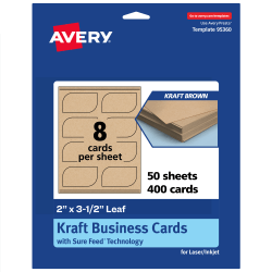 Avery® Print-To-The-Edge Business Cards With Sure Feed® Technology, 2"x3-1/2" Leaf, Kraft Brown, Pack Of 400