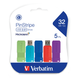 Verbatim® PinStripe USB 2.0 Flash Drives, 32GB, Assorted Colors, 5 Pack