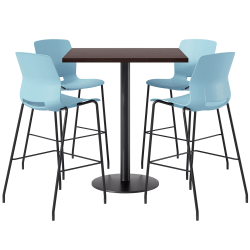 KFI Studios Proof Bistro Square Pedestal Table With Imme Bar Stools, Includes 4 Stools, 43-1/2"H x 36"W x 36"D, Cafelle Top/Black Base/Sky Blue Chairs