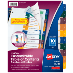Avery® Ready Index® Plastic Dividers, 10-Tab & Table Of Contents, Multicolor