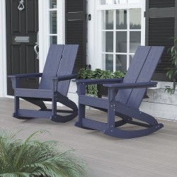Flash Furniture Finn Modern Commercial Grade All-Weather 2-Slat Poly Resin Rocking Adirondack Chairs, Navy, Set Of 2 Chairs