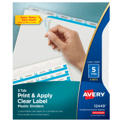 Avery® Print & Apply Clear Label Translucent Plastic Dividers with Index Maker® Easy Apply™ Printable Label Strip, 5 Frosted Clear Tabs, Pack Of 5 Sets