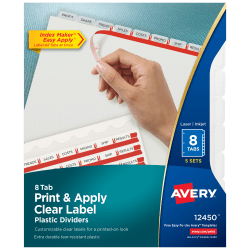 Avery® 8 Tab Plastic Dividers For 3 Ring Binder, Easy Print & Apply Clear Label Strip, Index Maker® Customizable, Frosted White, Pack Of 5 Sets