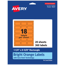 Avery® Print-To-The-Edge Labels With Sure Feed® Technology And Easy Peel® Label Feature, 94227-BOP20, Rectangle, 1-1/4" x 2-3/8", Matte Bright Orange, Pack of 360