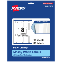 Avery® Glossy Permanent Labels With Sure Feed®, 94115-WGP10, Lollipop, 1" x 4", White, Pack Of 80