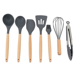 Gibson Home Holton 7-Piece Silicone Beech Wood Kitchen Tool Set, Gray