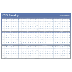 2024 AT-A-GLANCE® Vertical/Horizontal Reversible Erasable Yearly Wall Calendar, 36" x 24", Blue, January to December 2024, A1102