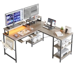 Bestier L-Shaped Corner Computer Desk With Storage Shelf, Monitor Stands, Side Pocket And Tray, 60"W, Gray