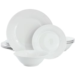 Gibson Home Everyday Embossed 12-Piece Round Ceramic Dinnerware Set, White