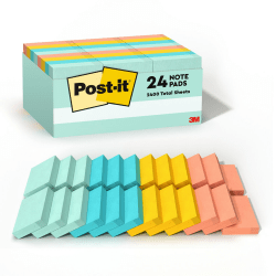 Post-it Notes, 1-3/8 in x 1-7/8 in, 24 Pads, 100 Sheets/Pad, Clean Removal, Beachside Café Collection