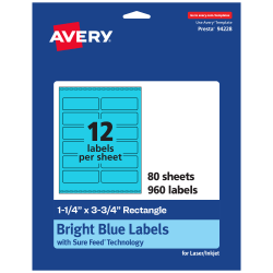 Avery® Print-To-The-Edge Labels With Sure Feed® Technology And Easy Peel® Label Feature, 94228-BBP80, Rectangle, 1-1/4" x 3-3/4", Matte Bright Blue, Pack of 960