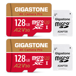 Dane-Elec Gigastone 4K Class10 U3 A2 V30 Camera Pro MicroSDXC Cards, 128GB, Pack Of 2 Cards