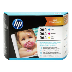 HP 564 Cyan, Magenta, Yellow Ink Cartridges With Photo Paper And Envelopes, Pack Of 3, J2X80AN