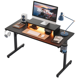 Bestier 42"W Small LED Gaming Computer Desk With Monitor Stand, Cup Holder & Headset Hooks, Black
