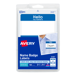 Avery® "Hello My Name Is" Name Tags, 05141, 2-1/3" x 3-3/8", White With Blue Border, 100 Removable Name Badges