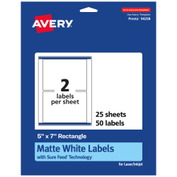 Avery® Permanent Labels With Sure Feed®, 94258-WMP25, Rectangle, 5" x 7", White, Pack Of 50