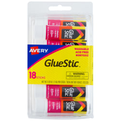 Avery® Glue Stic™ Washable Non-Toxic Permanent Adhesive Glue Sticks, White, 0.26 Oz., Pack Of 18