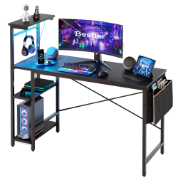 Bestier RGB Gaming Desk With Storage Shelf & Side Pocket, 52"W, Black Grained