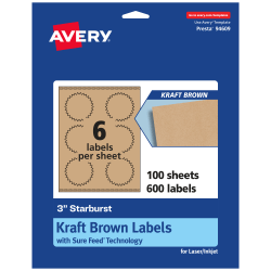 Avery® Kraft Permanent Labels With Sure Feed®, 94609-KMP100, Starburst, 3", Brown, Pack Of 600