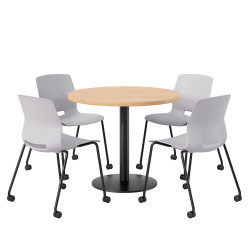 KFI Studios Proof Cafe Round Pedestal Table With Imme Caster Chairs, Includes 4 Chairs, 29"H x 36"W x 36"D, Maple Top/Black Base/Light Gray Chairs