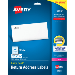 Avery® Easy Peel® Return Address Labels With Sure Feed® Technology, 5195, Rectangle, 2/3" x 1-3/4", White, Pack Of 1,500