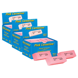 Dixon Pink Carnation Erasers, 2-9/16" x 1" x 7/16", 12 Erasers Per Pack, Set Of 3 Packs
