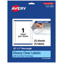 Avery® Glossy Permanent Labels With Sure Feed®, 94263-CGF25, Rectangle, 10" x 7", Clear, Pack Of 25