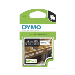 DYMO® 16955 Black-On-White Permanent Polyester Tape, 0.5" x 18'