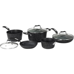 Starfrit The Rock 8-Piece Cookware Set with Bakelite Handles - 1.5 quart Saucepan, 3 quart Saucepan, 5 quart Stockpot, 8" Diameter Frying Pan, 10" Diameter Frying Pan, Lid - Aluminum Base, Plastic, Cast Stainless Steel - Cooking, Frying, Broiling