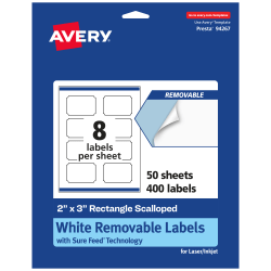 Avery® Removable Labels With Sure Feed®, 94267-RMP50, Rectangle Scalloped, 2" x 3", White, Pack Of 400 Labels