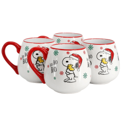Peanuts Snoopy And Woodstock 4-Piece Stoneware Holiday Ho Ho Ho Mug Set, 20 Oz,  Red