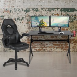 Flash Furniture Gaming Desk And Racing Chair Set With Cup Holder, Headphone Hook & 2 Wire Management Holes, Black