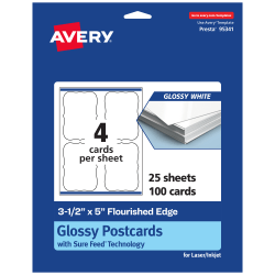 Avery® Printable Postcards With Sure Feed® Technology, 3-1/2" x 5" Rectangle Flourished Edge, Glossy White, Pack Of 100