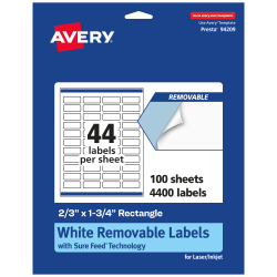Avery® Removable Labels With Sure Feed®, 94209-RMP100, Rectangle, 2/3" x 1-3/4", White, Pack Of 4,400 Labels