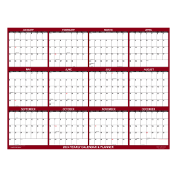 2024 SwiftGlimpse Oversized Wet/Dry-Erase Laminated Yearly Wall Calendar, 72" x 48", Maroon