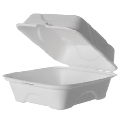 Eco-Products Vanguard Renewable & Compostable Sugarcane Clamshells, 3-Compartment, 9" x 9" x 3", White, Case Of 200 Clamshells