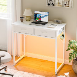 PINMOCO 32"W Writing Desk With Drawers/Hanging Hook, White