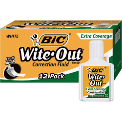 BIC® Wite-Out® Extra Coverage Correction Fluid, 20 mL Bottles, White, Pack Of 12