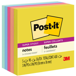 Post-it® Super Sticky Notes, 450 Total Notes, Pack Of 5 Pads, 3" x 3", Summer Joy Collection, 90 Sheets Per Pad