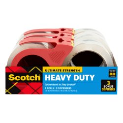 Scotch Heavy Duty Shipping Packaging Tape, 1.88 in, 47.7 yd, Clear, Pack of 6 Rolls, 3 Dispensers