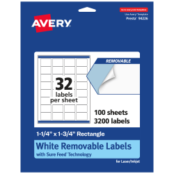 Avery® Removable Labels With Sure Feed®, 94226-RMP100, Rectangle, 1-1/4" x 1-3/4", White, Pack Of 3,200 Labels
