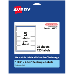 Avery® Permanent Labels With Sure Feed®, 94232-WMP25, Rectangle, 1-3/4" x 7-3/4", White, Pack Of 125