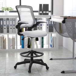 Flash Furniture Mid Back Mesh Ergonomic Drafting Chair with Adjustable Foot Ring and Flip-Up Arms, White
