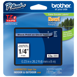 Brother® TZe-111 Black-On-Clear Tape, 0.25" x 26.2'
