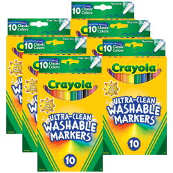 Crayola Ultra-Clean Markers, Fine Line, Assorted Colors, Pack Of 10 Markers, Set Of 6 Packs